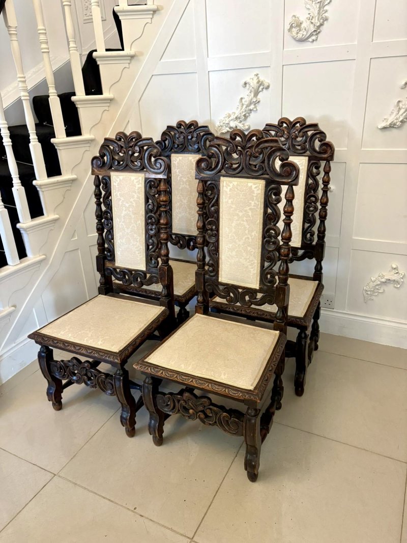 Antique Victorian Quality Set of 4 Carved Oak Dining Chairs